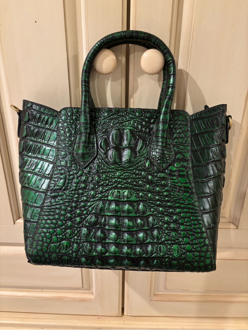Emerald Croc-Embossed Satchel Handbag with Top Handles